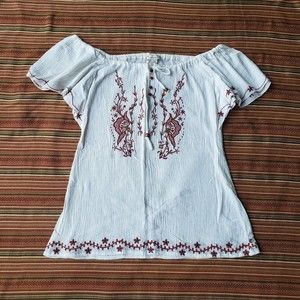 Forever 21 Womens Blouse Size S  Ivory Embroidered Cotton Boho Short Sleeve